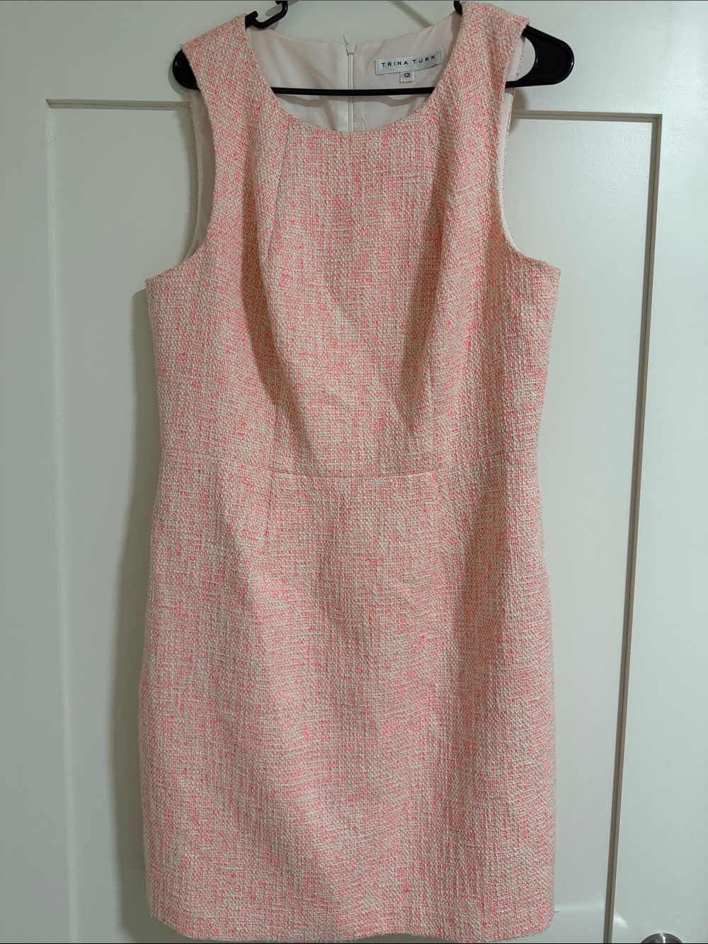 Trina Turk hot pink and white silver thread  Tweed Sleeveless Sheath Dress